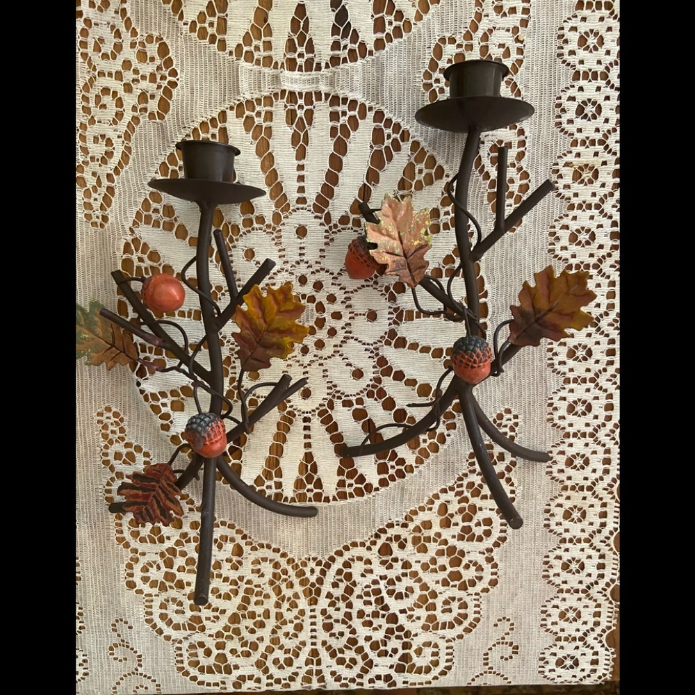 Set of 2 metal fall themed candlestick holders